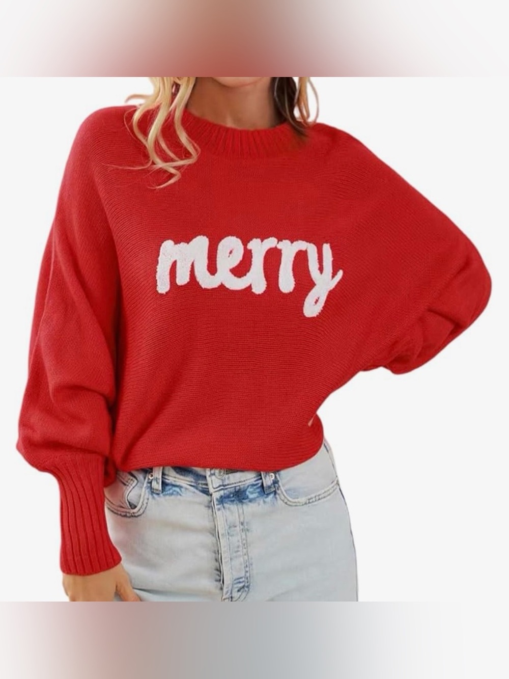 Red "Merry" Batwing Sleeve Holiday Sweater